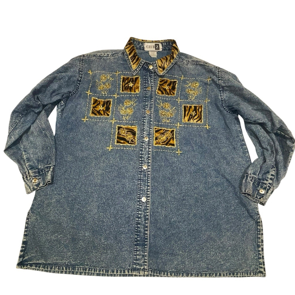Vtg Club Z Womens Plus Size Denim Animal Print Floral Embroidery Button Up 18/20